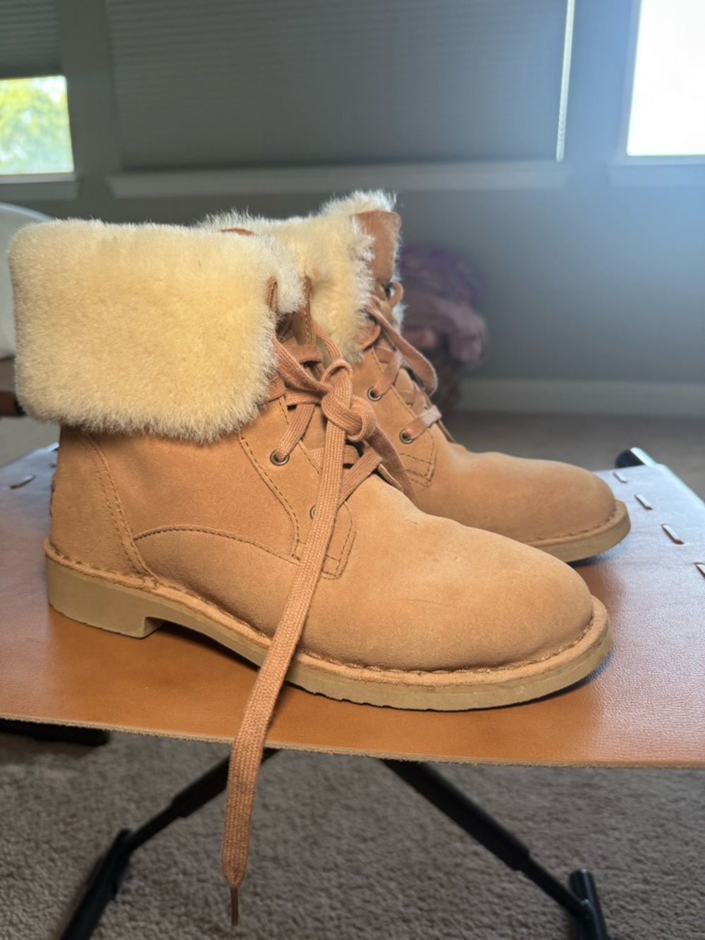 UGG Tan Suede Lace-Up Boots with Cream Faux Fur Cuff
